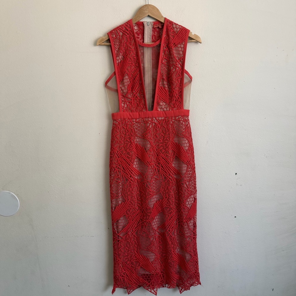 Manning Cartell Gallery Views Sheath Midi Formal Dress Coral Size M Luxury - Picture 3 of 9